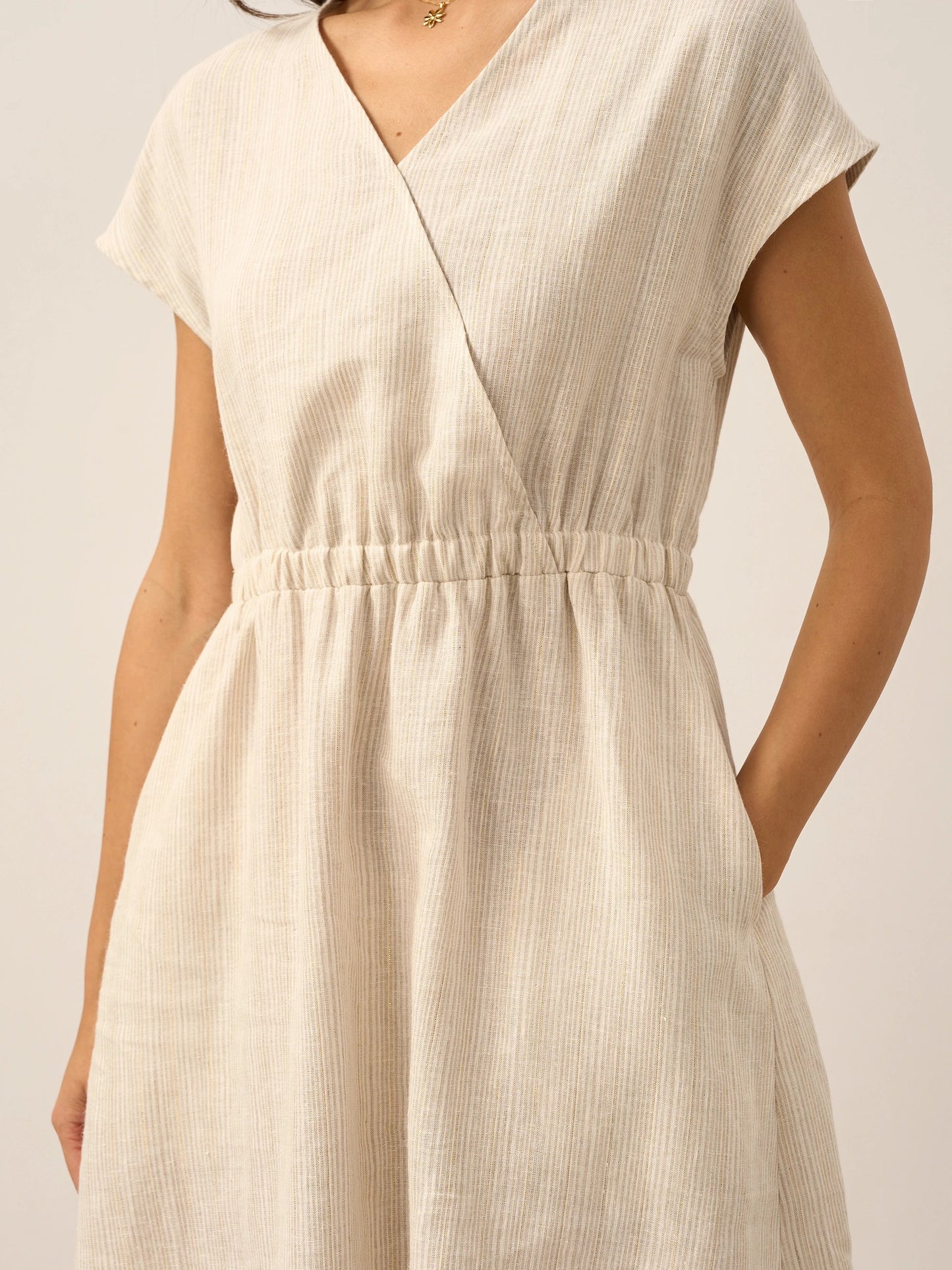 100% Linen Striped Elastic-Waist Midi Dress ARIA LINTICO