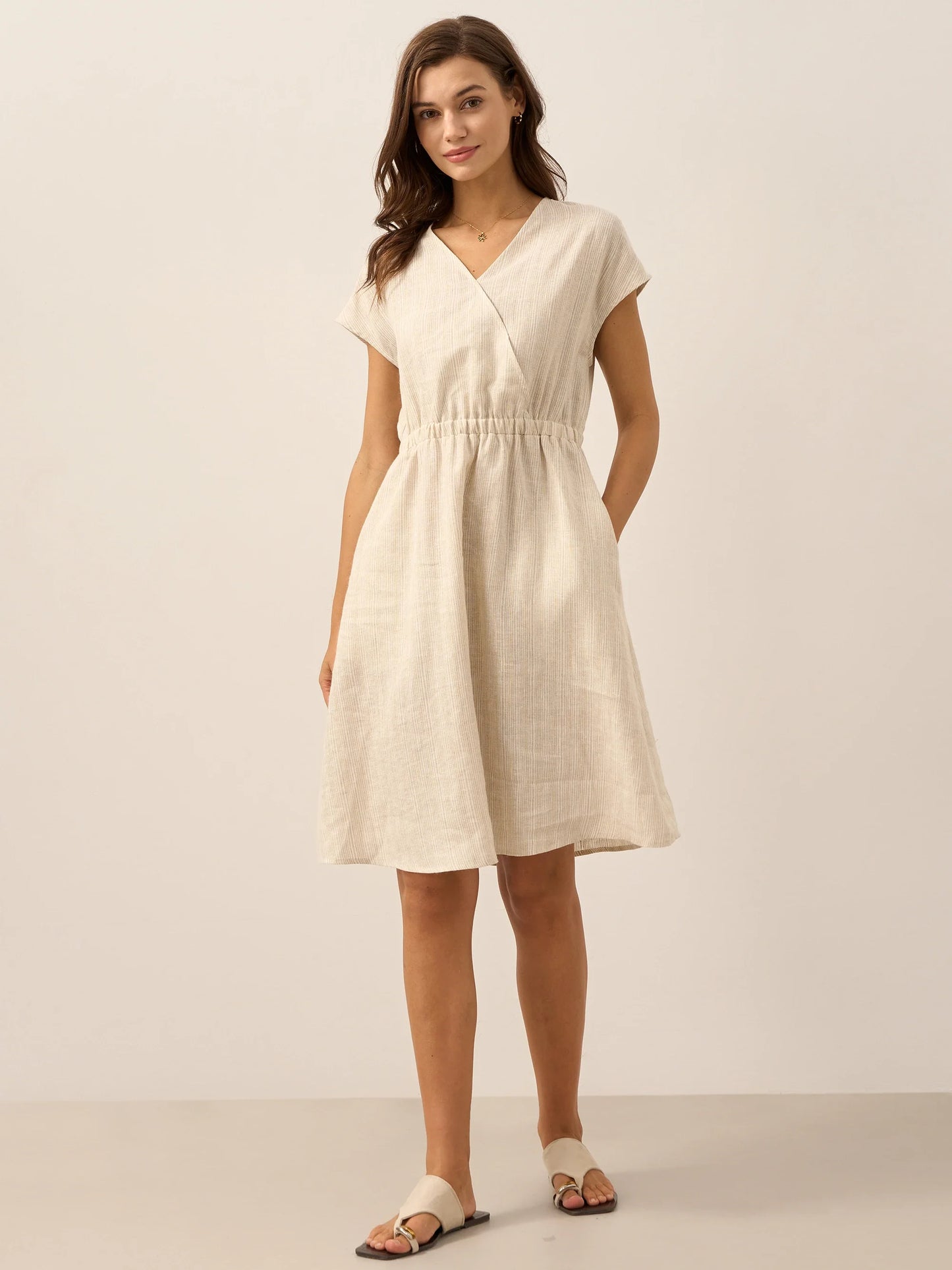 100% Linen Striped Elastic-Waist Midi Dress ARIA LINTICO