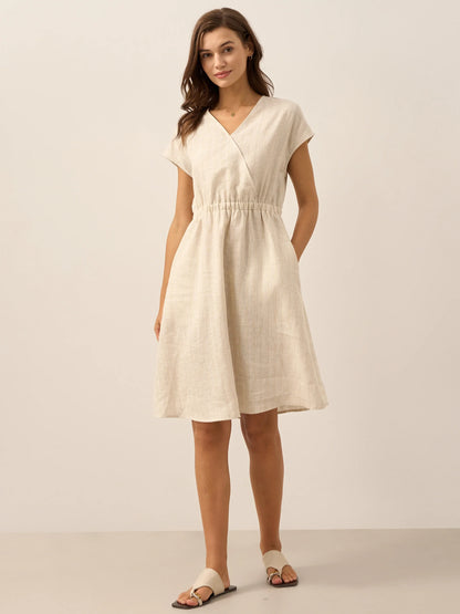 100% Linen Striped Elastic-Waist Midi Dress ARIA LINTICO