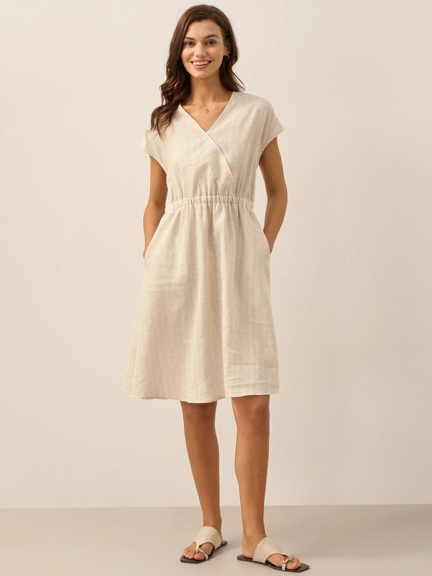 100% Linen Striped Elastic-Waist Midi Dress ARIA LINTICO