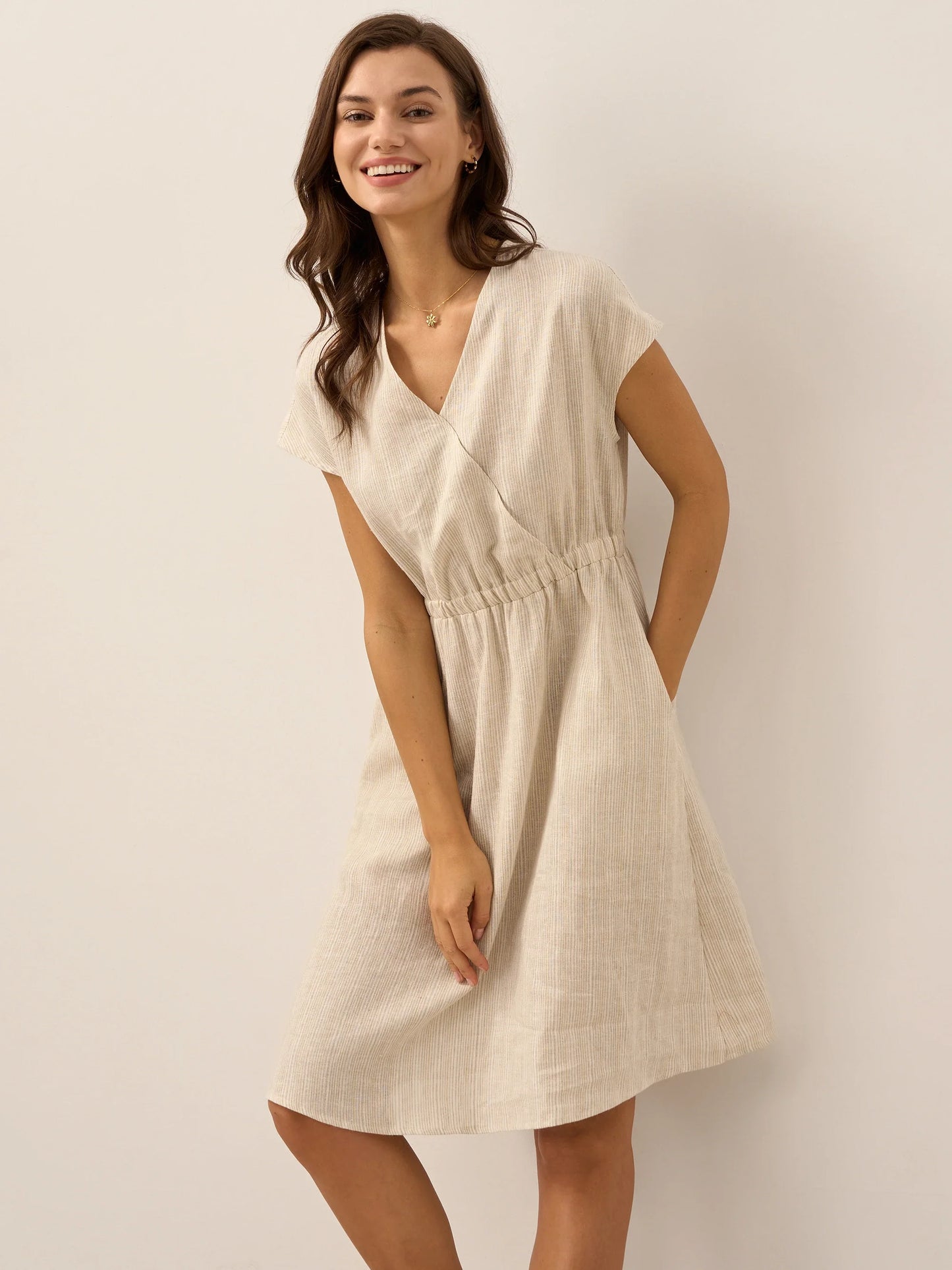 100% Linen Striped Elastic-Waist Midi Dress ARIA LINTICO