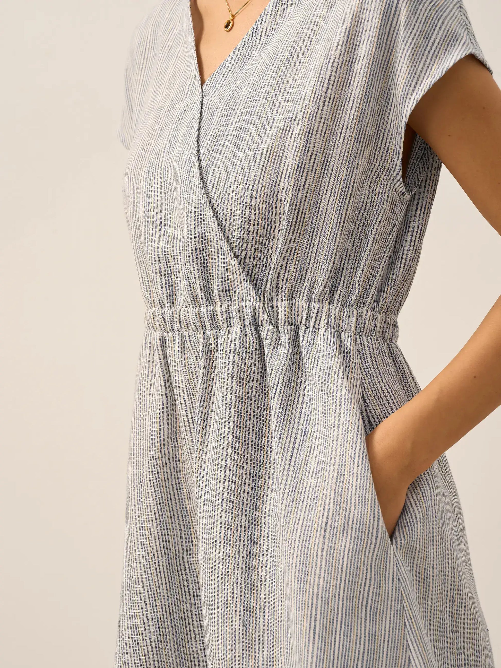 100% Linen Striped Elastic-Waist Midi Dress ARIA LINTICO