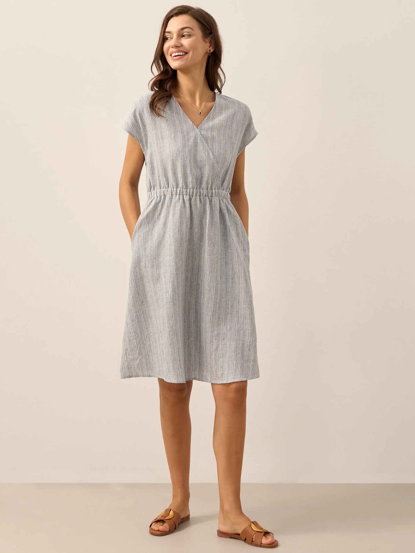 100% Linen Striped Elastic-Waist Midi Dress ARIA LINTICO