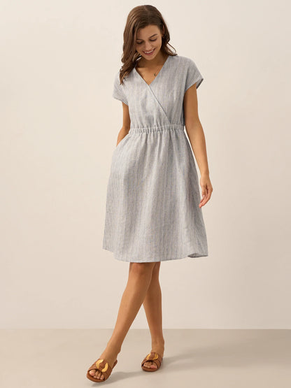 100% Linen Striped Elastic-Waist Midi Dress ARIA LINTICO
