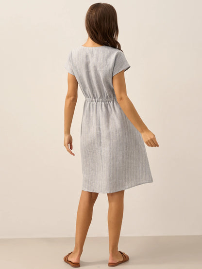 100% Linen Striped Elastic-Waist Midi Dress ARIA LINTICO