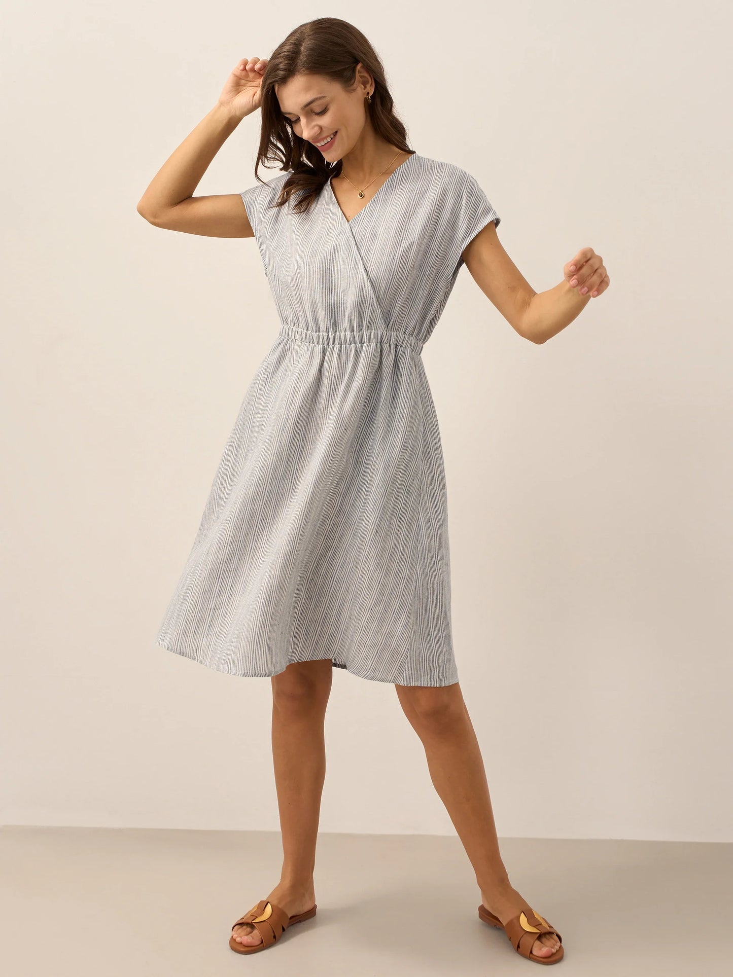 100% Linen Striped Elastic-Waist Midi Dress ARIA LINTICO