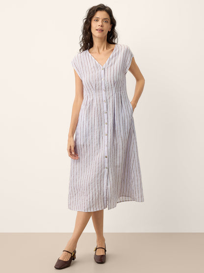 100% Linen Striped Tailored Cap Sleeve Maxi Dress AGNES LINTICO