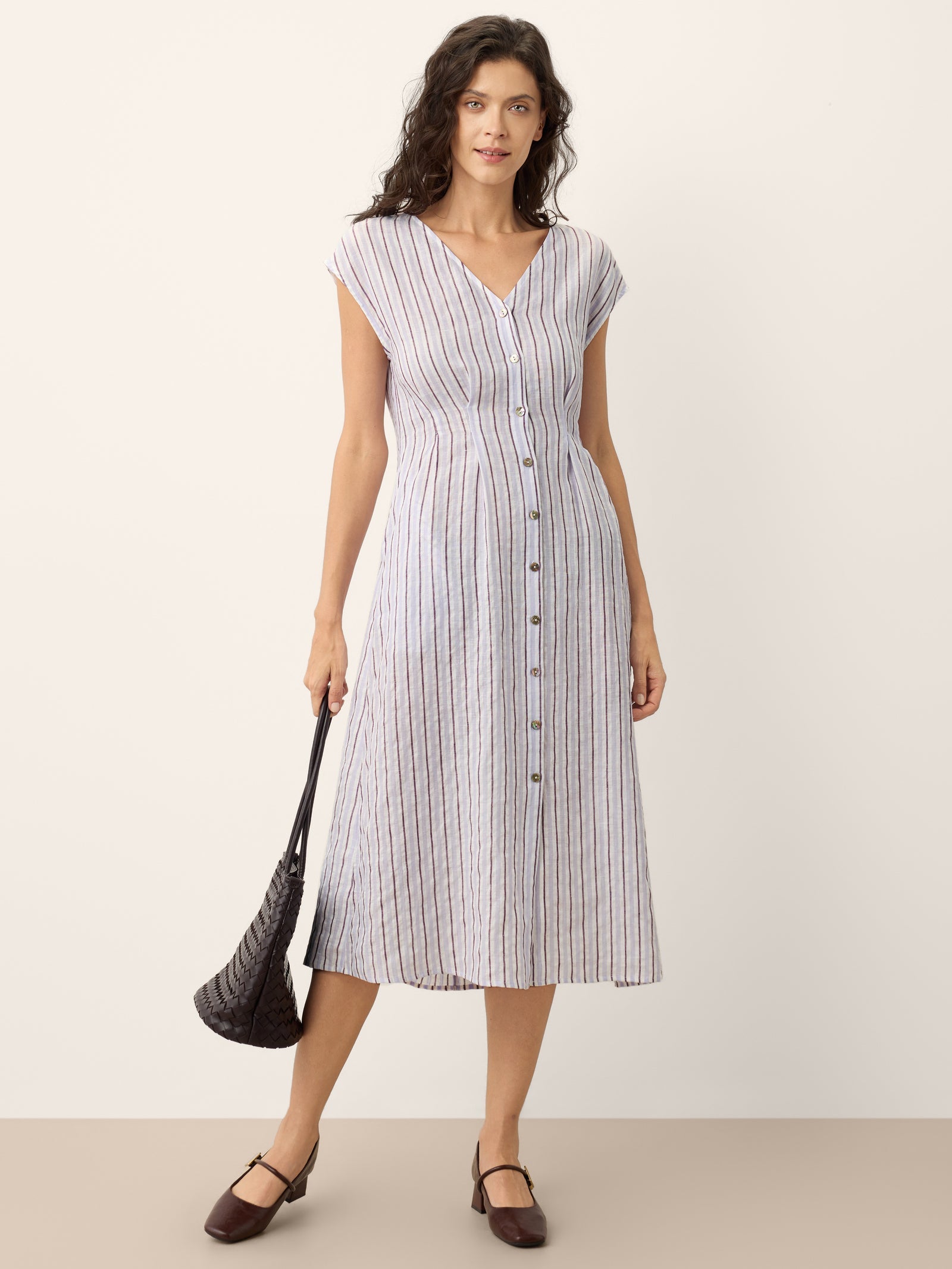 100% Linen Striped Tailored Cap Sleeve Maxi Dress AGNES LINTICO