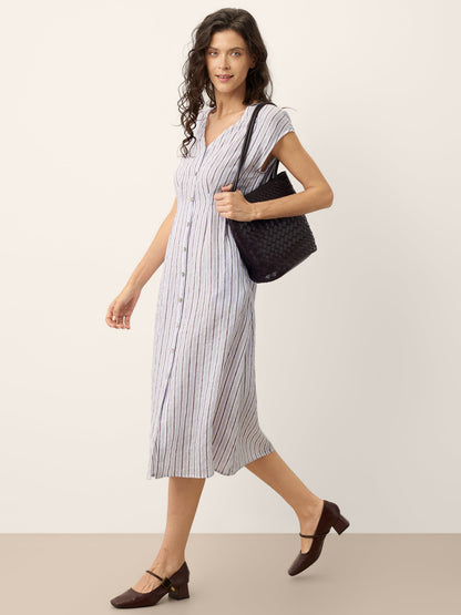 100% Linen Striped Tailored Cap Sleeve Maxi Dress AGNES LINTICO