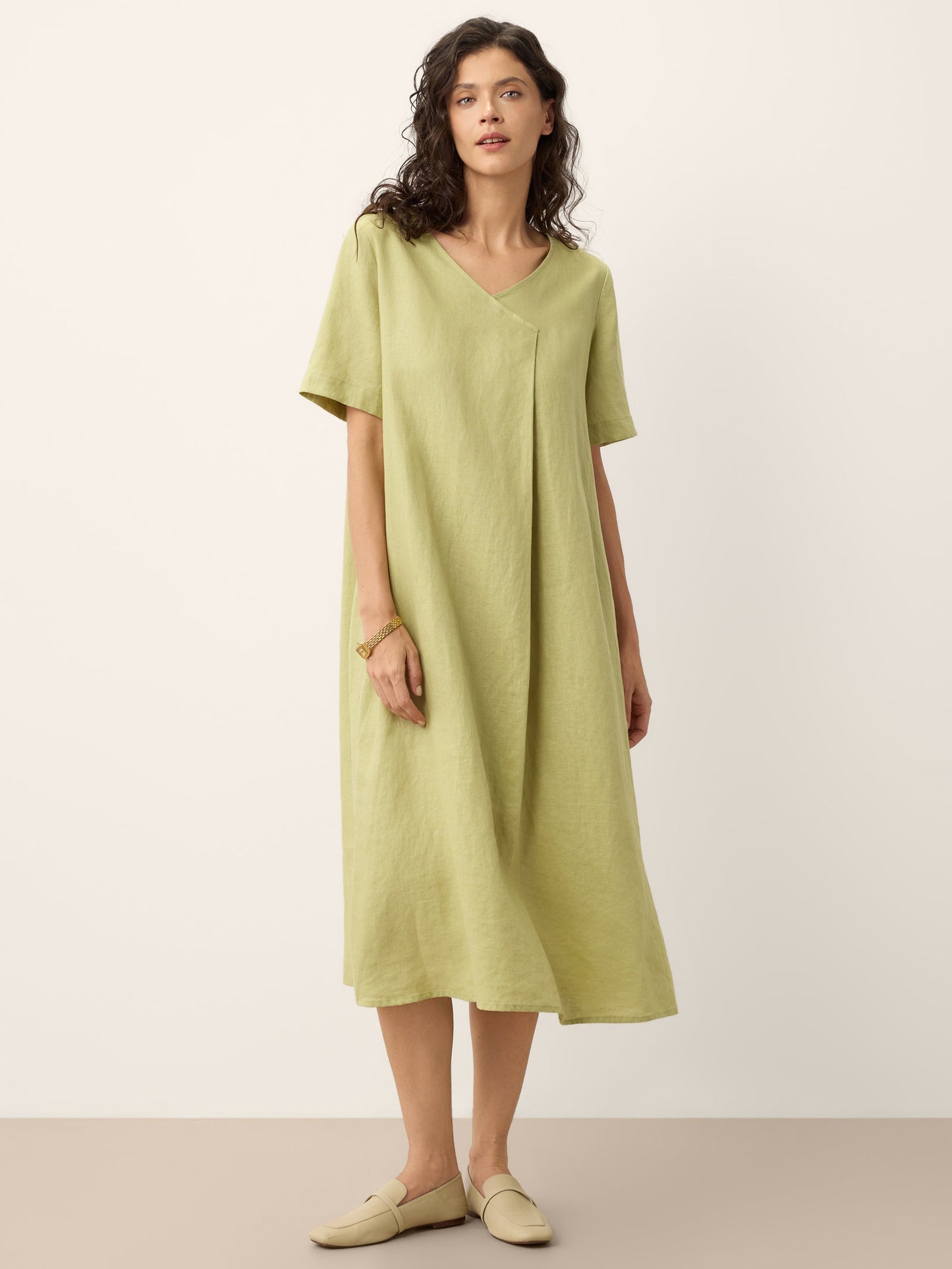 100% Linen Surplice Neck A Line Maxi Dress JUDITH