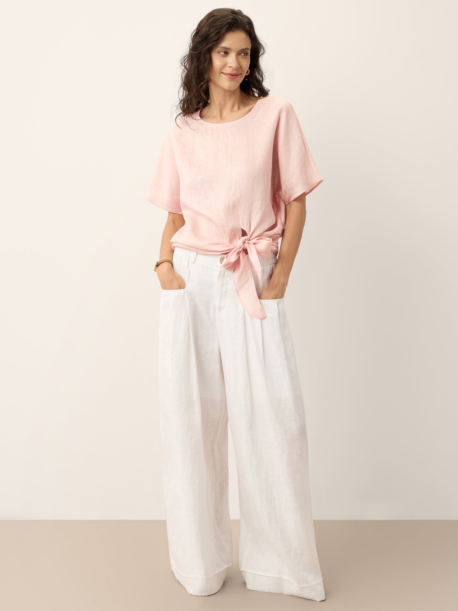 100% Linen Tie Front Drop Shoulder Top PAULA LINTICO