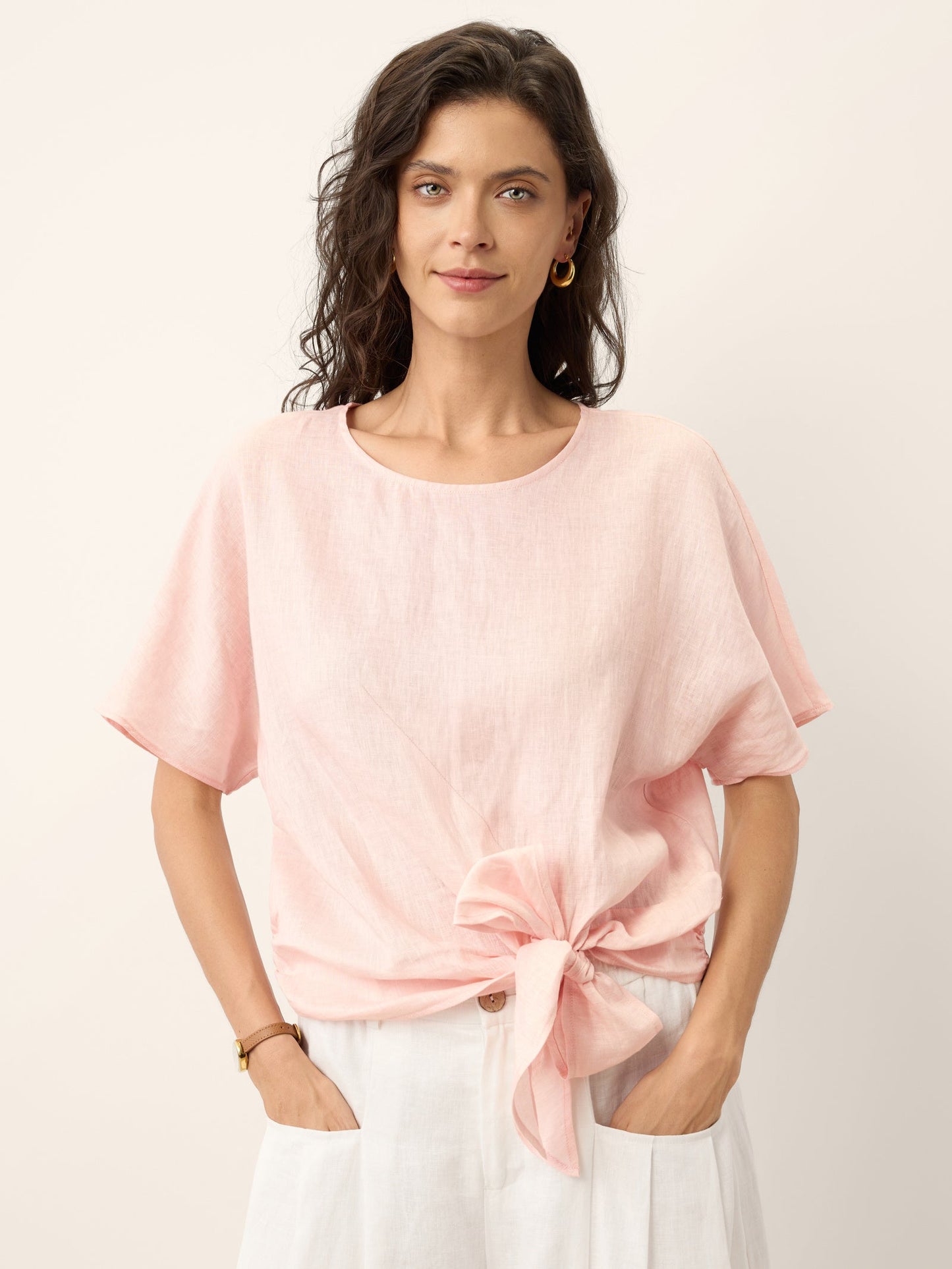 100% Linen Tie Front Drop Shoulder Top PAULA LINTICO