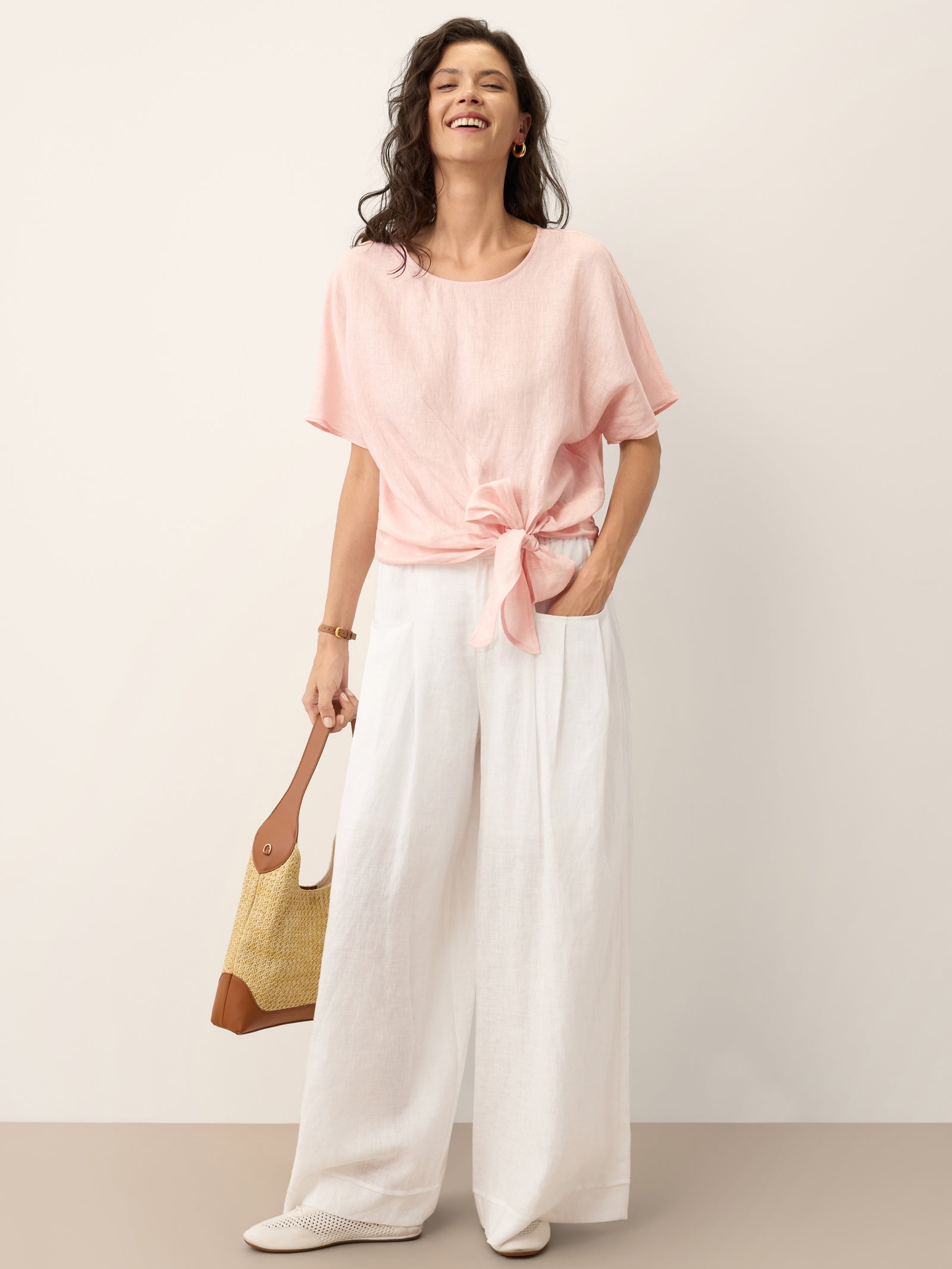 100% Linen Tie Front Drop Shoulder Top PAULA LINTICO