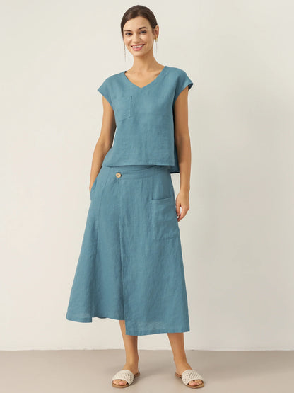 100% Linen V-Neck Cap Sleeve Crop Top FRESSA LINTICO