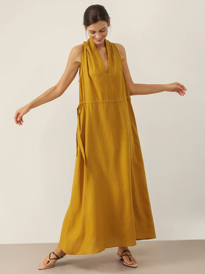 100% Linen V-Neck Halter Maxi Dress BETH LINTICO