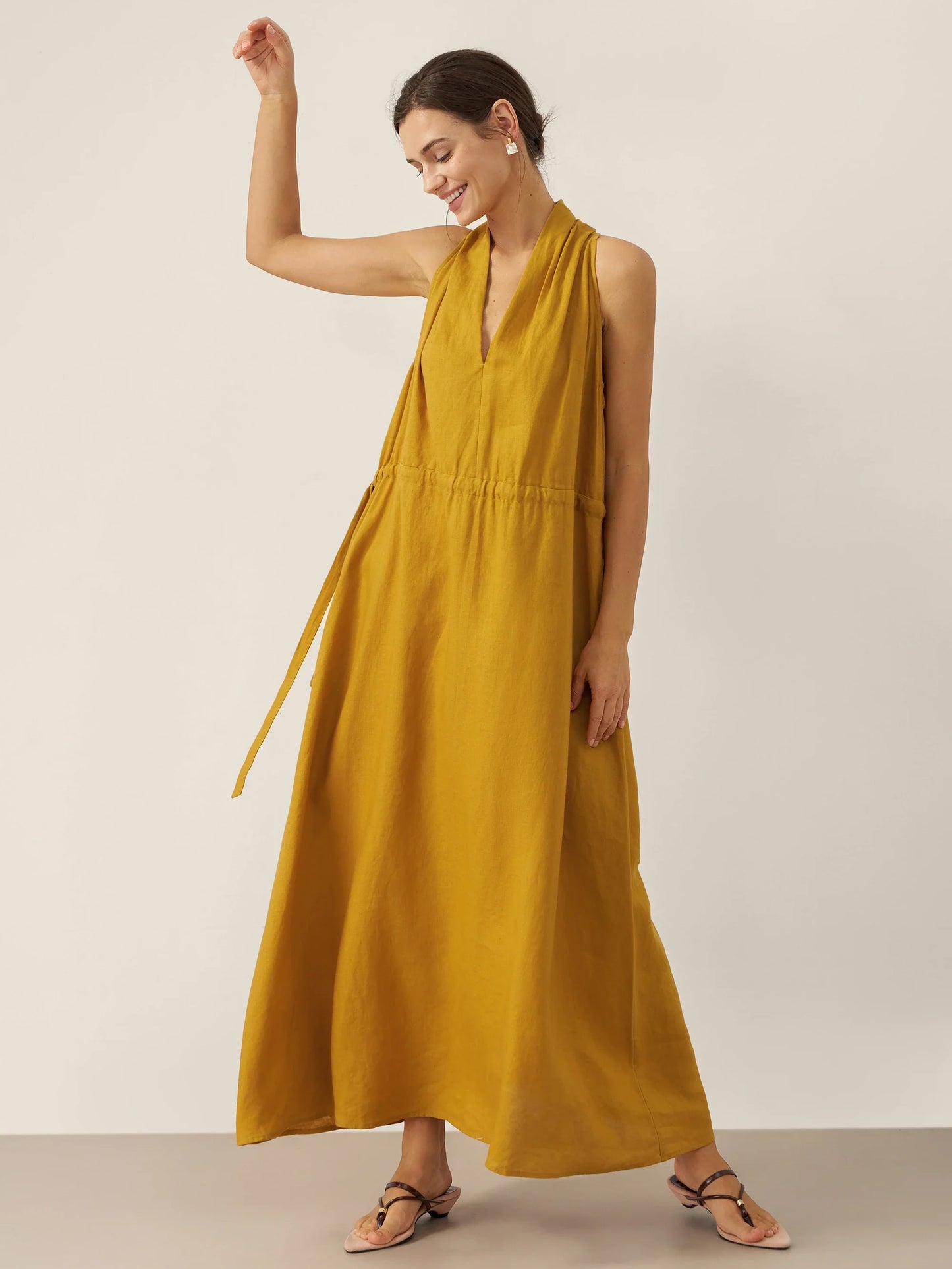 100% Linen V-Neck Halter Maxi Dress BETH LINTICO