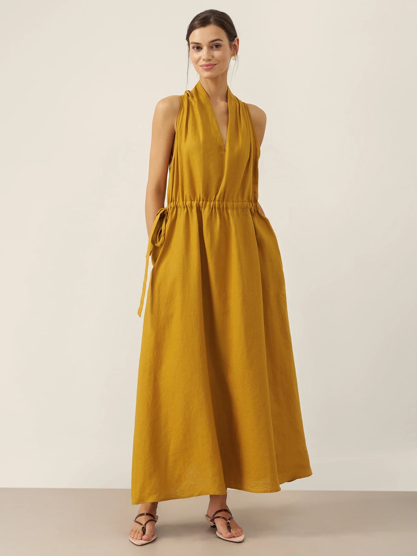 100% Linen V-Neck Halter Maxi Dress BETH LINTICO