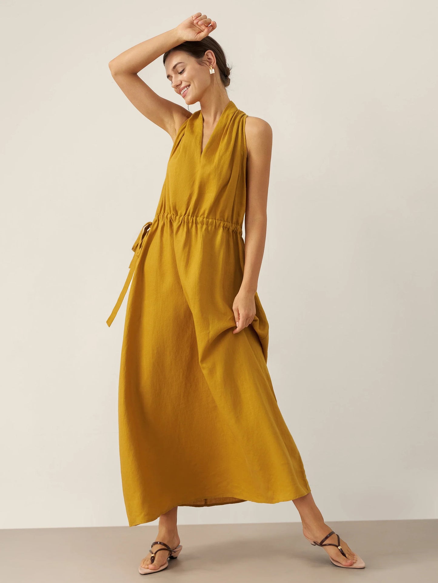 100% Linen V-Neck Halter Maxi Dress BETH LINTICO