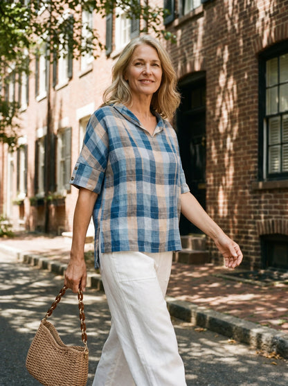 100% Linen V-Neck Short Sleeve Shirt SIERRA LINTICO