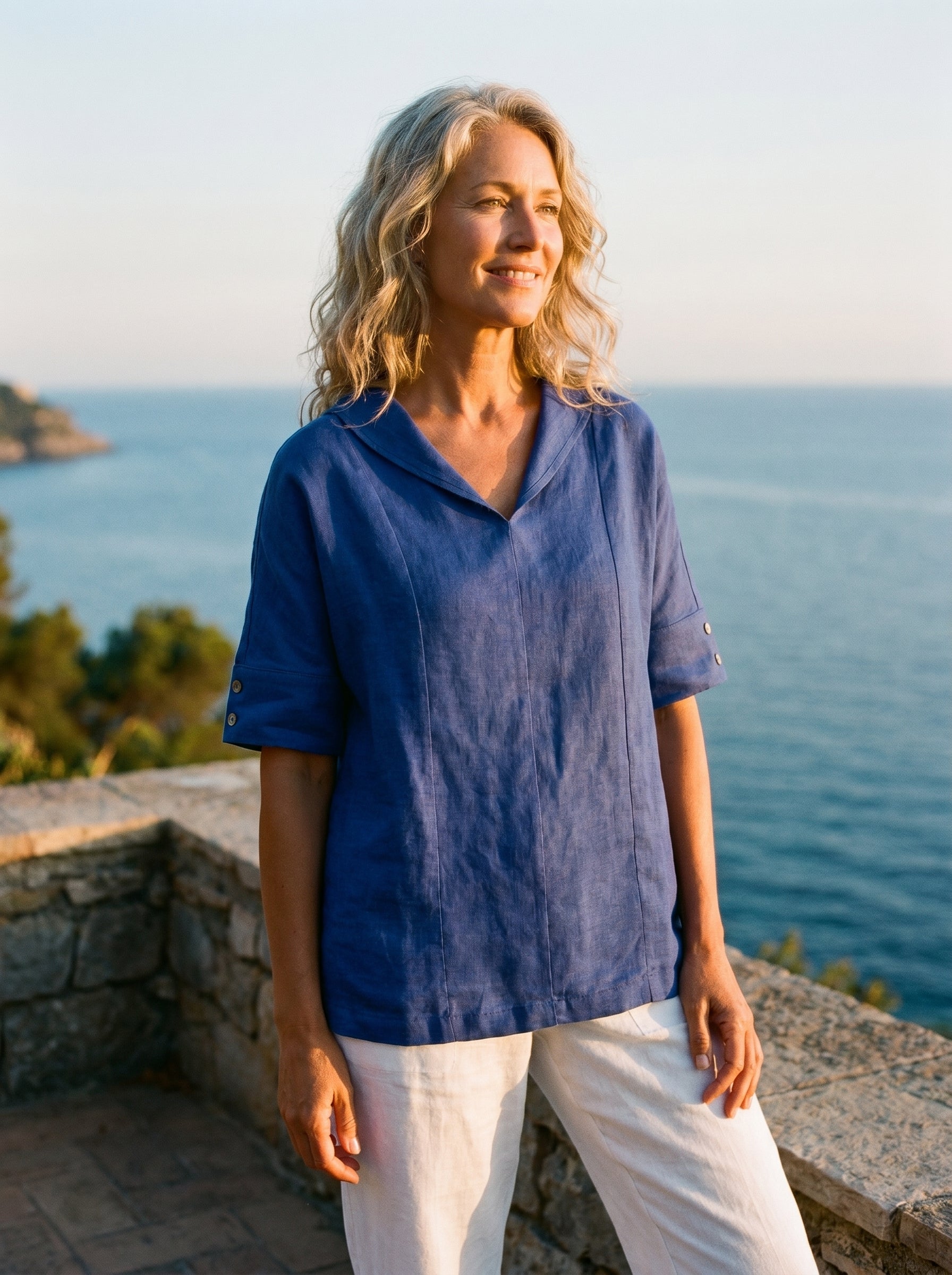 100% Linen V-Neck Short Sleeve Shirt SIERRA LINTICO