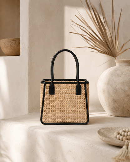Citra Leather and Rattan Tote Bag Village Thrive