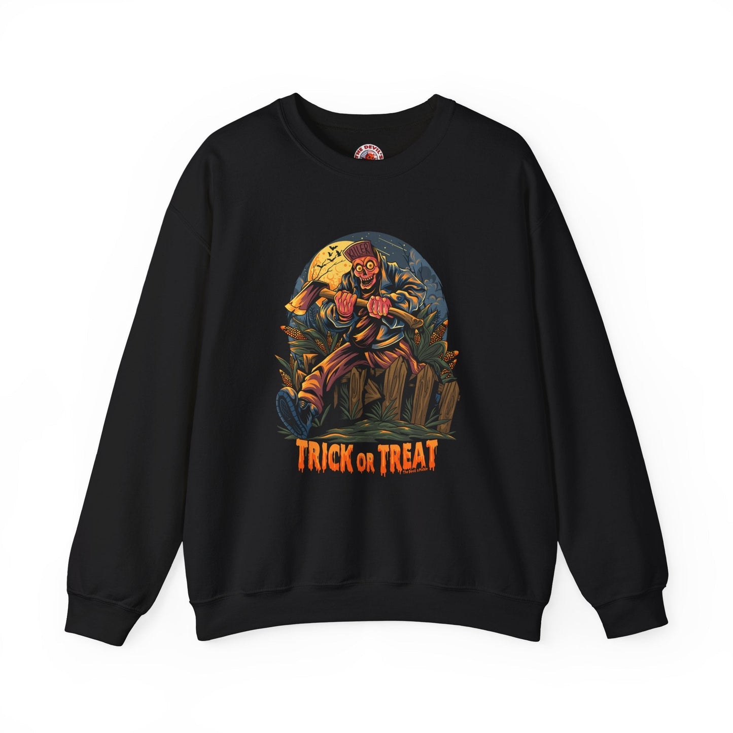 Axe Wielding Zombie Trick or Treat Crewneck Sweatshirt The Devil's Pickle