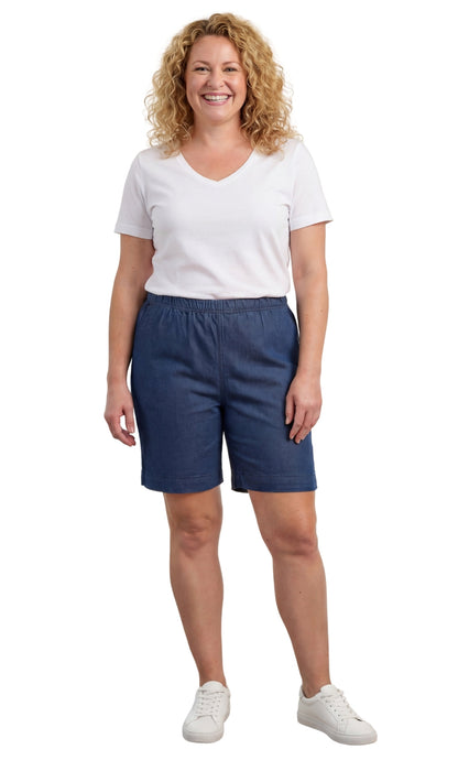 Women's Pull On Denim & Twill Shorts with stretch waist - No zipper or buttons