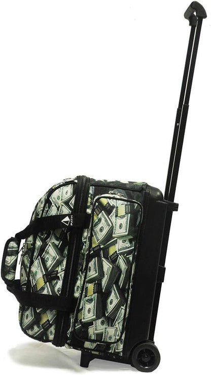 Deluxe Double Roller 2 Ball Bowling Bag with Large Separate Shoe Compartment (Up to 2 Pairs of Shoes) and Accessory Pockets, Sturdy Square Handle - Extends to 40" - Pro Options Available