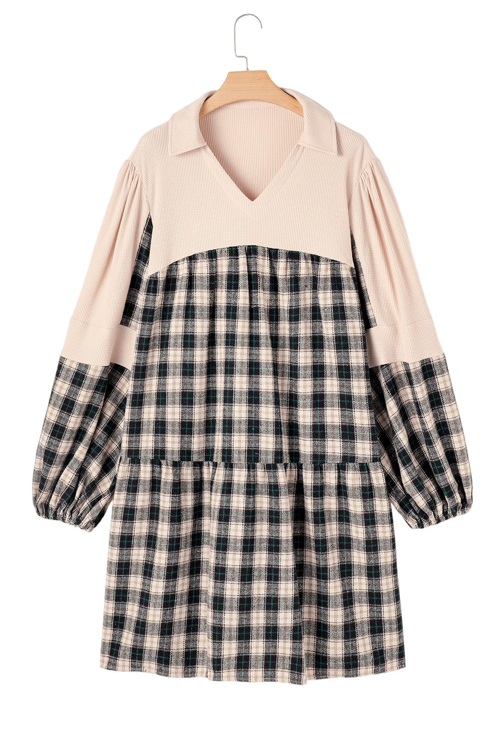 Black Plaid Waffle Knit Patchwork Collared V Neck Plus Size Mini Dress Garden Naked Curves