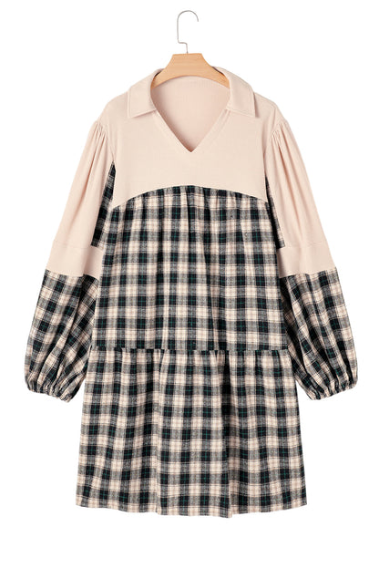 Black Plaid Waffle Knit Patchwork Collared V Neck Plus Size Mini Dress Garden Naked Curves
