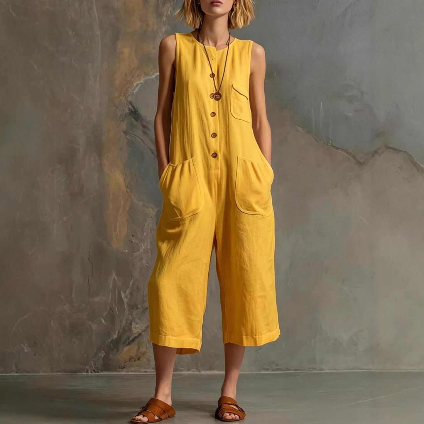 Women's Retro Sleeveless Wide-Leg Cropped Jumpsuit FitiqueFit