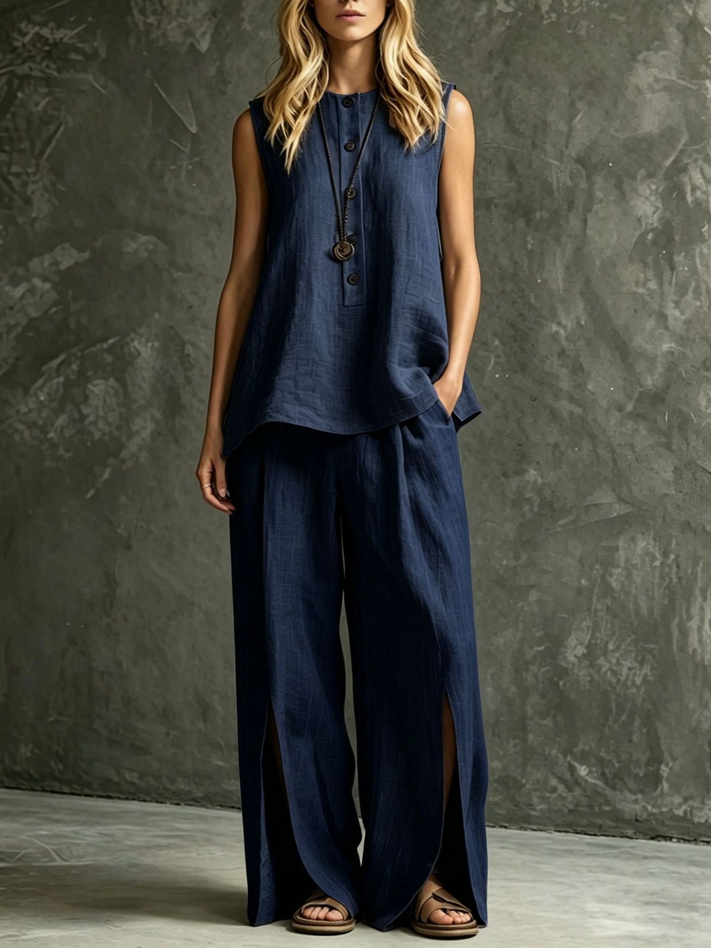 Women's Loose Sleeveless Tank Top & Slit Wide-Leg Pants Two-Piece Set FitiqueFit