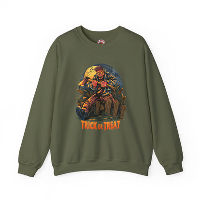 Axe Wielding Zombie Trick or Treat Crewneck Sweatshirt The Devil's Pickle