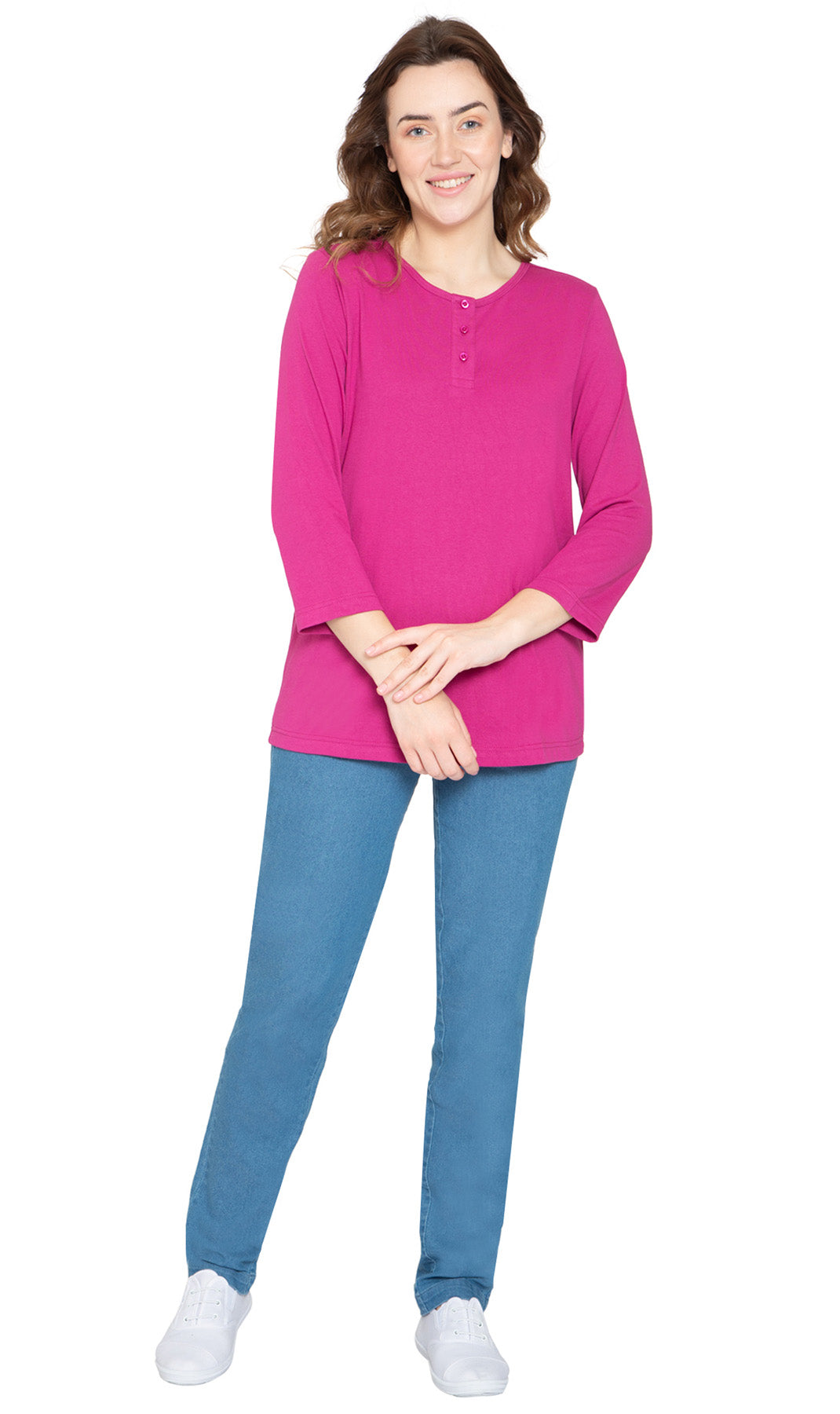 Women's 3/4 sleeves Henley in Cotton Blend with Button Placket