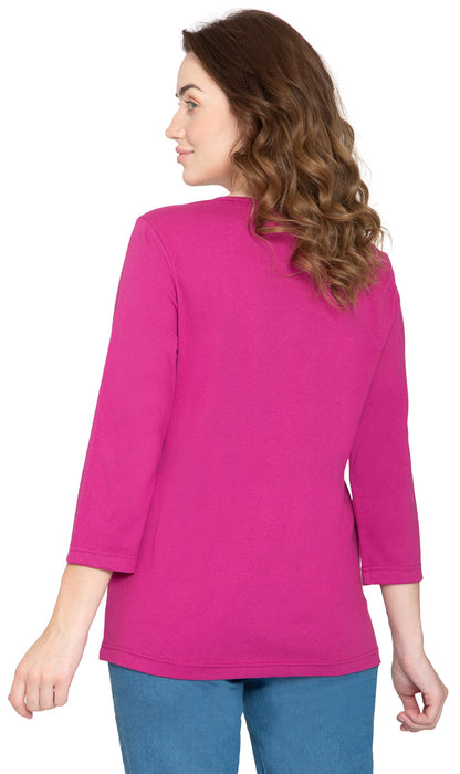 Women's 3/4 sleeves Henley in Cotton Blend with Button Placket