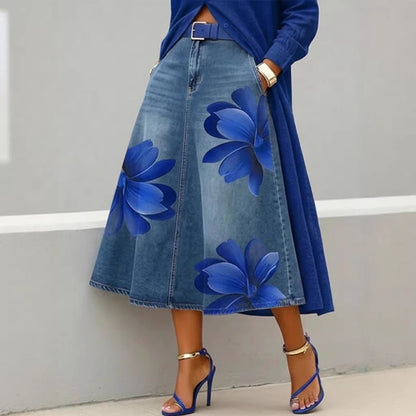 Women's Floral Print A-Line Midi Skirt – Denim-Style Boho Skirt FitiqueFit
