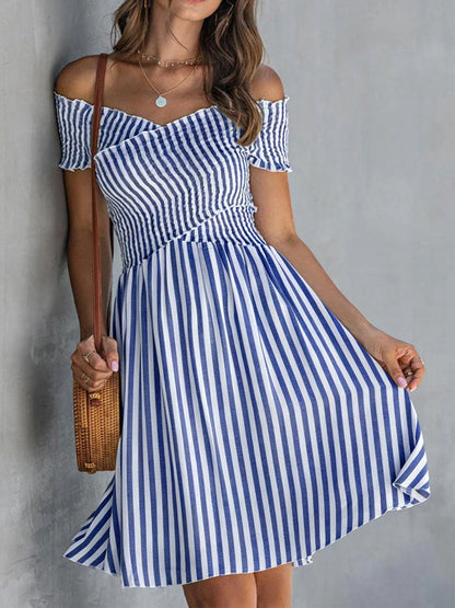 Women's Off-Shoulder Striped Waist-Cinching Midi Dress FitiqueFit