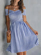 Women's Off-Shoulder Striped Waist-Cinching Midi Dress FitiqueFit