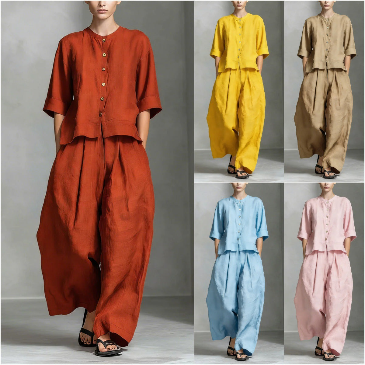 Three-Quarter Sleeve Shirt & Loose Trousers Two-Piece Set FitiqueFit