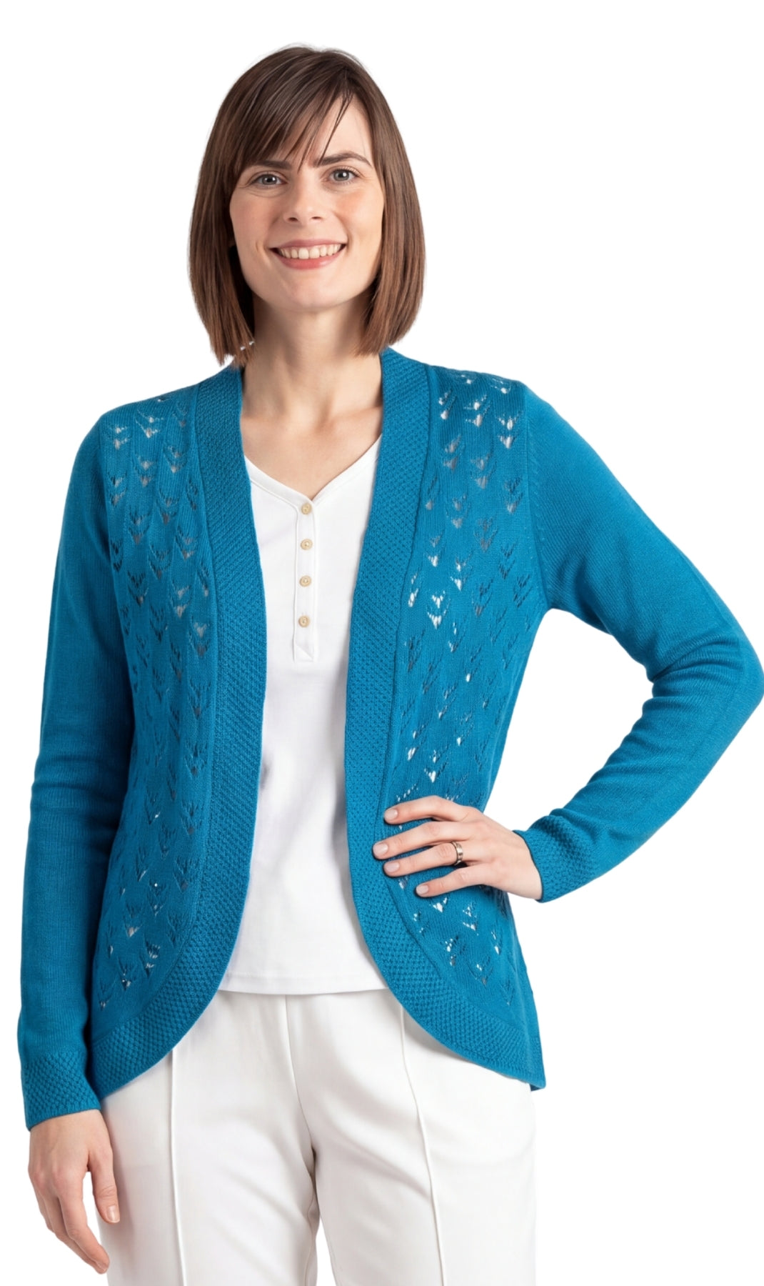 Women's Open Front Curved Hem Pointelle Shrug in Soft Acrylic