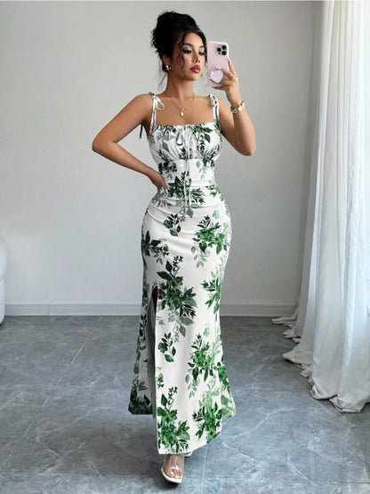 Printed Tie Strap Slit Maxi Dress New Era Fashion LLc