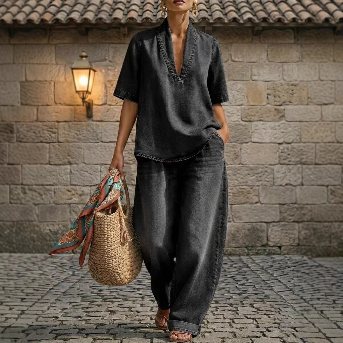 Retro V-Neck Washed Denim Top & Wide-Leg Pants Set – 3 Colors, S–3XL FitiqueFit
