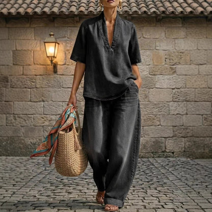 Retro V-Neck Washed Denim Top & Wide-Leg Pants Set – 3 Colors, S–3XL FitiqueFit