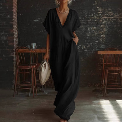 Lace-Trimmed Loose Linen Cotton Long Dress for Women FitiqueFit