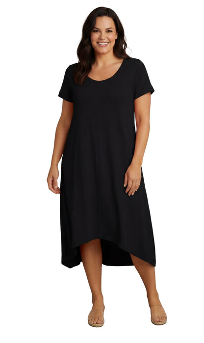 Women's Knit Wide Scoop Neck Short Sleeve Dress in A-line Asymmetrical Hem TURTLE BAY APPAREL