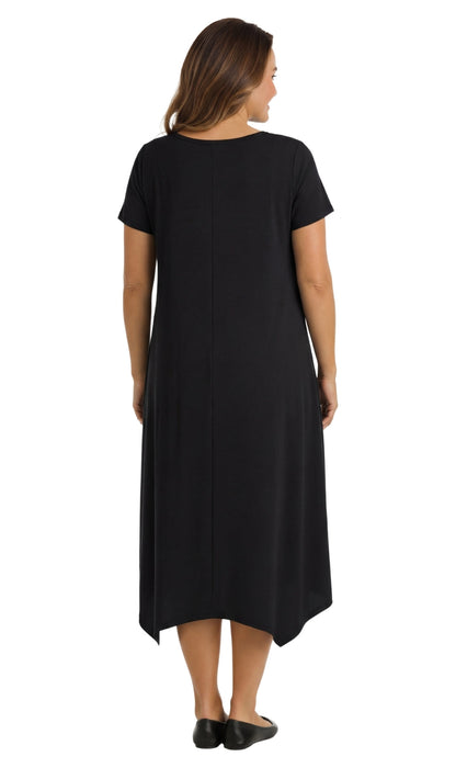 Women's Knit Wide Scoop Neck Short Sleeve Dress in A-line Asymmetrical Hem TURTLE BAY APPAREL