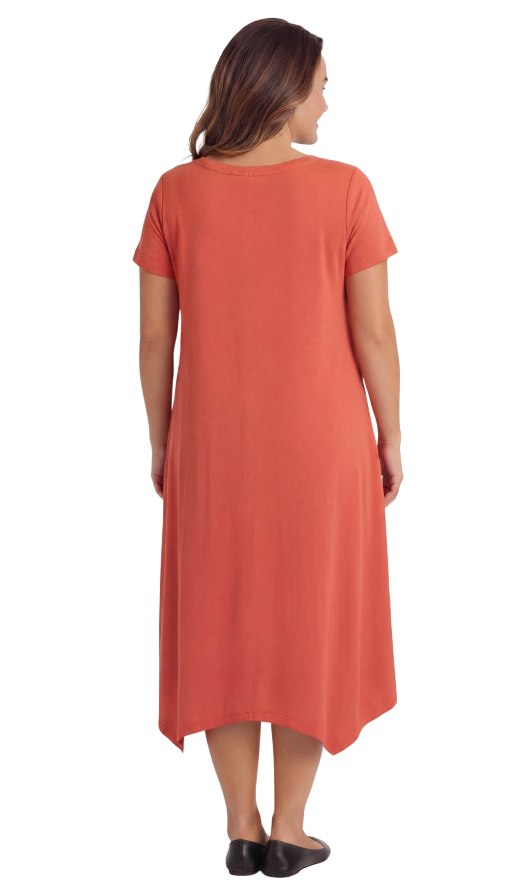 Women's Knit Wide Scoop Neck Short Sleeve Dress in A-line Asymmetrical Hem TURTLE BAY APPAREL