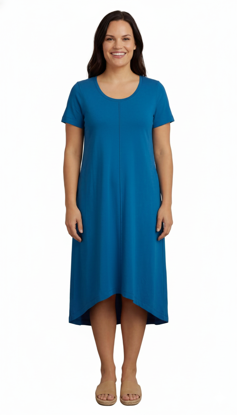 Women's Knit Wide Scoop Neck Short Sleeve Dress in A-line Asymmetrical Hem TURTLE BAY APPAREL