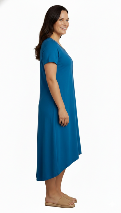 Women's Knit Wide Scoop Neck Short Sleeve Dress in A-line Asymmetrical Hem TURTLE BAY APPAREL