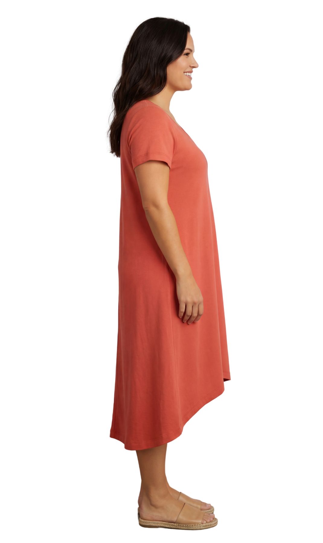 Women's Knit Wide Scoop Neck Short Sleeve Dress in A-line Asymmetrical Hem TURTLE BAY APPAREL